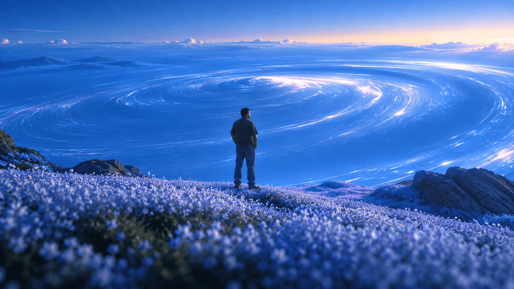 Atul Arvind standing on a flower-covered hilltop, looking out over a swirling sea of light at dusk